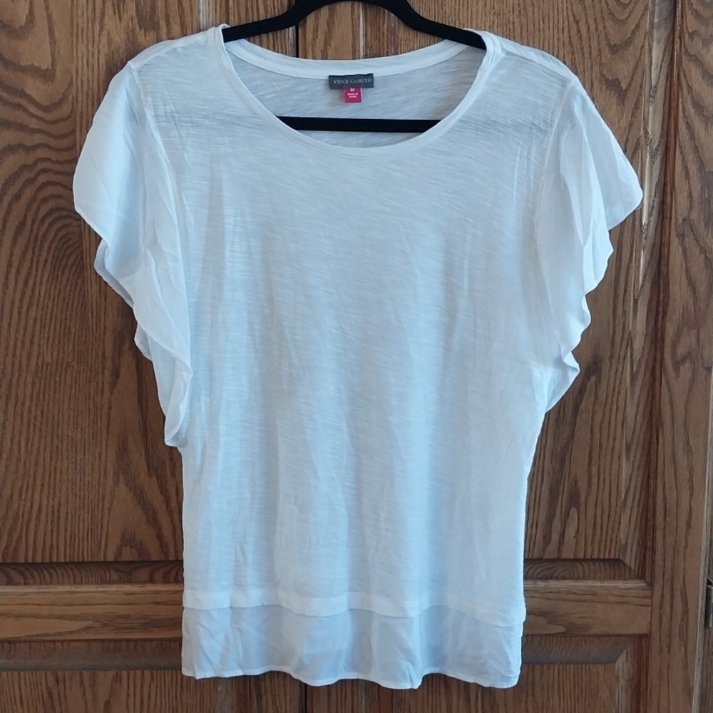 Vince Camuto Women's Ruffle Cap Sleeve Top Size Medium White Lightweight Fairy